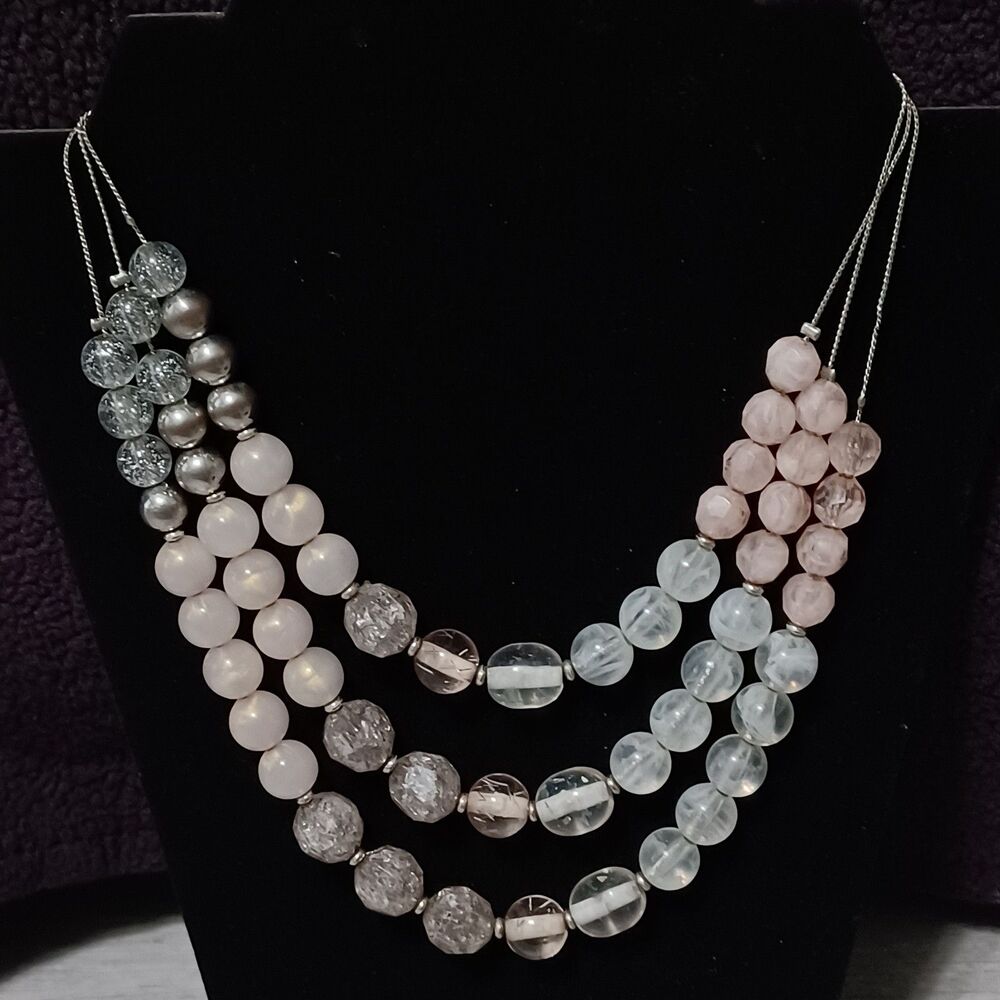 Vintage NY 3-Strand Silver-Toned Necklace with Pink-Toned Beads, 20”